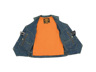8 POCKETS BLUE DENIM COTTON BIKER VEST SIDE LACES