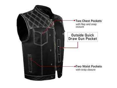Denim Leather Motorcycle Vest for Riding Concealed Carry Pockets