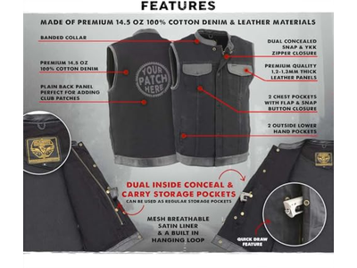 Men's Black Denim Club Style Biker Vest 