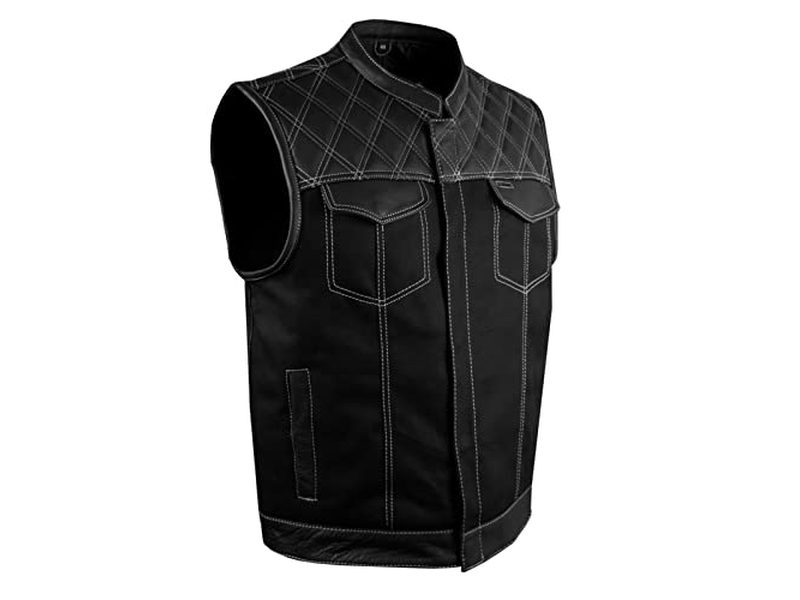 Men's Denim Leather Motorcycle Vest with Gun Pockets 
