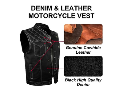 Men's Denim Leather Motorcycle Vest with Gun Pockets 
