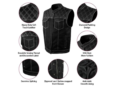 Men's Denim Leather Motorcycle Vest with Gun Pockets 
