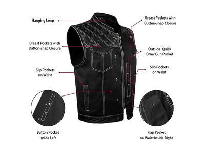 Men's Denim Leather Motorcycle Vest with Gun Pockets 